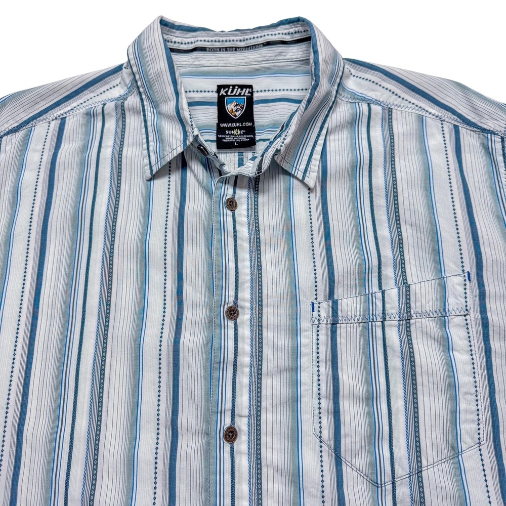 Kuhl Suncel Shirt Mens Large White Blue Stripe Short Sleeve Hiking Outdoor Camp